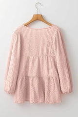 Textured Tie Neck Three-Quarter Sleeve Blouse - Trendsi - Flyclothing LLC