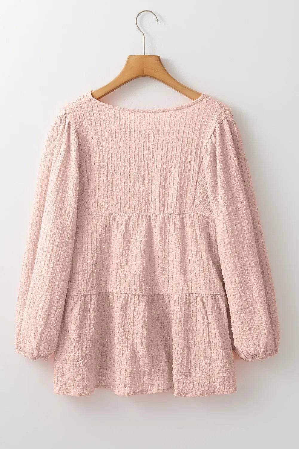 Textured Tie Neck Three-Quarter Sleeve Blouse - Trendsi - Flyclothing LLC