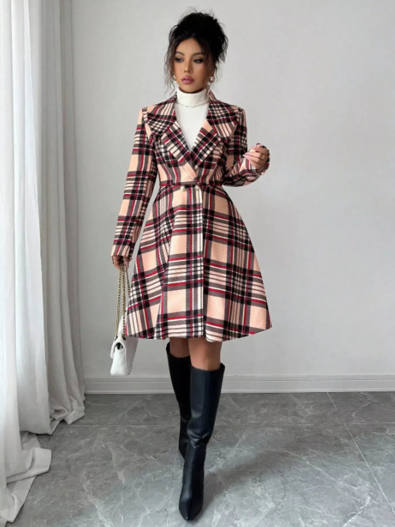 Plaid Button Up Long Sleeve Coat - Trendsi - Flyclothing LLC