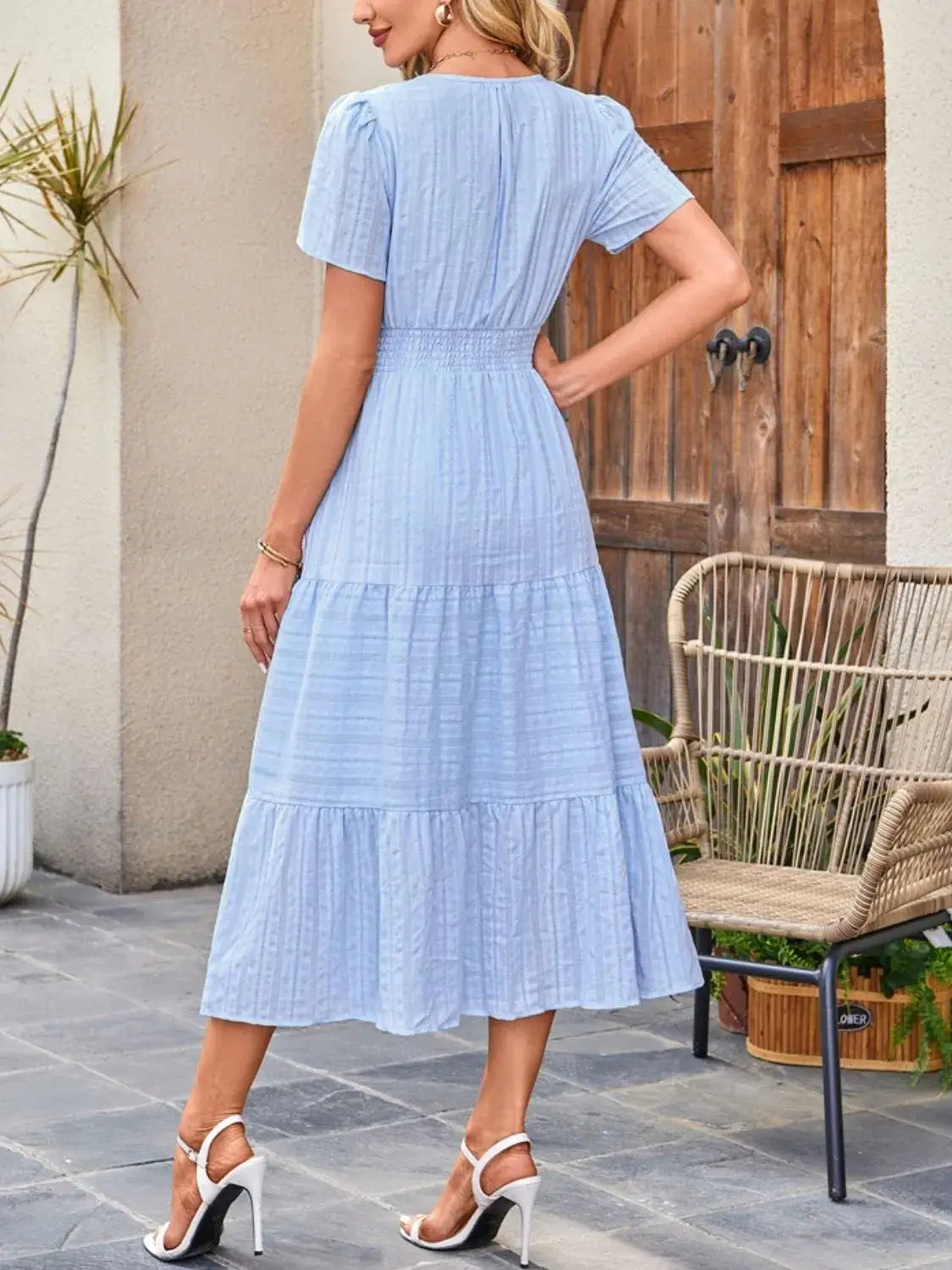 Tiered Notched Short Sleeve Dress - Trendsi - Flyclothing LLC