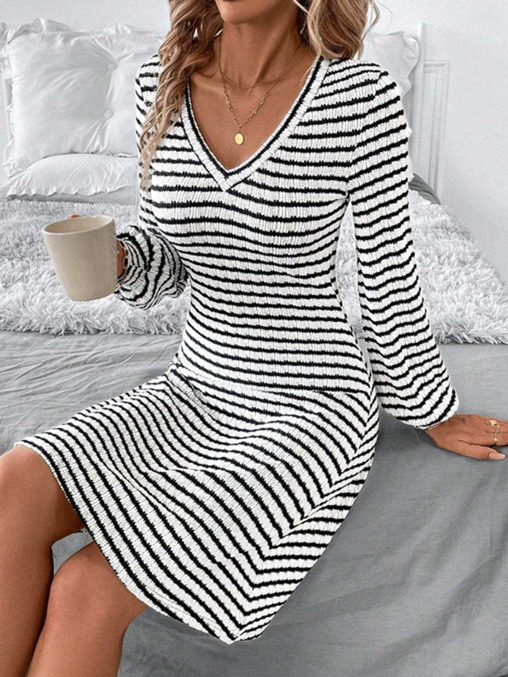 Striped V-Neck Long Sleeve Dress - Trendsi - Flyclothing LLC