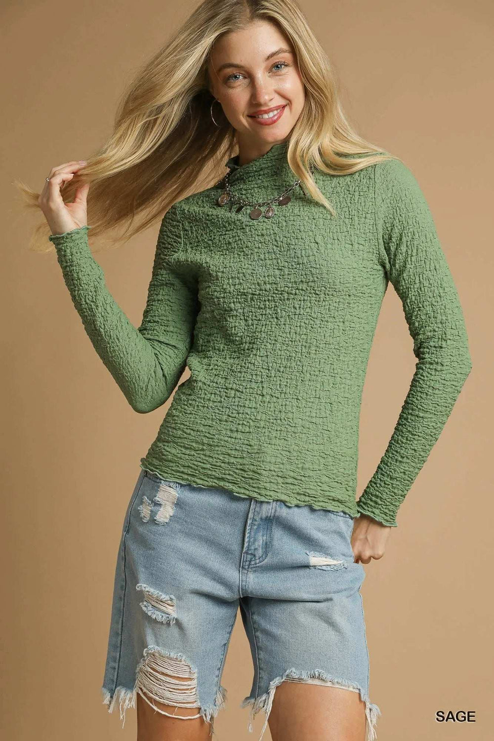 Umgee Textured Crinkle Knit Long Sleeve Top - Trendsi - Flyclothing LLC
