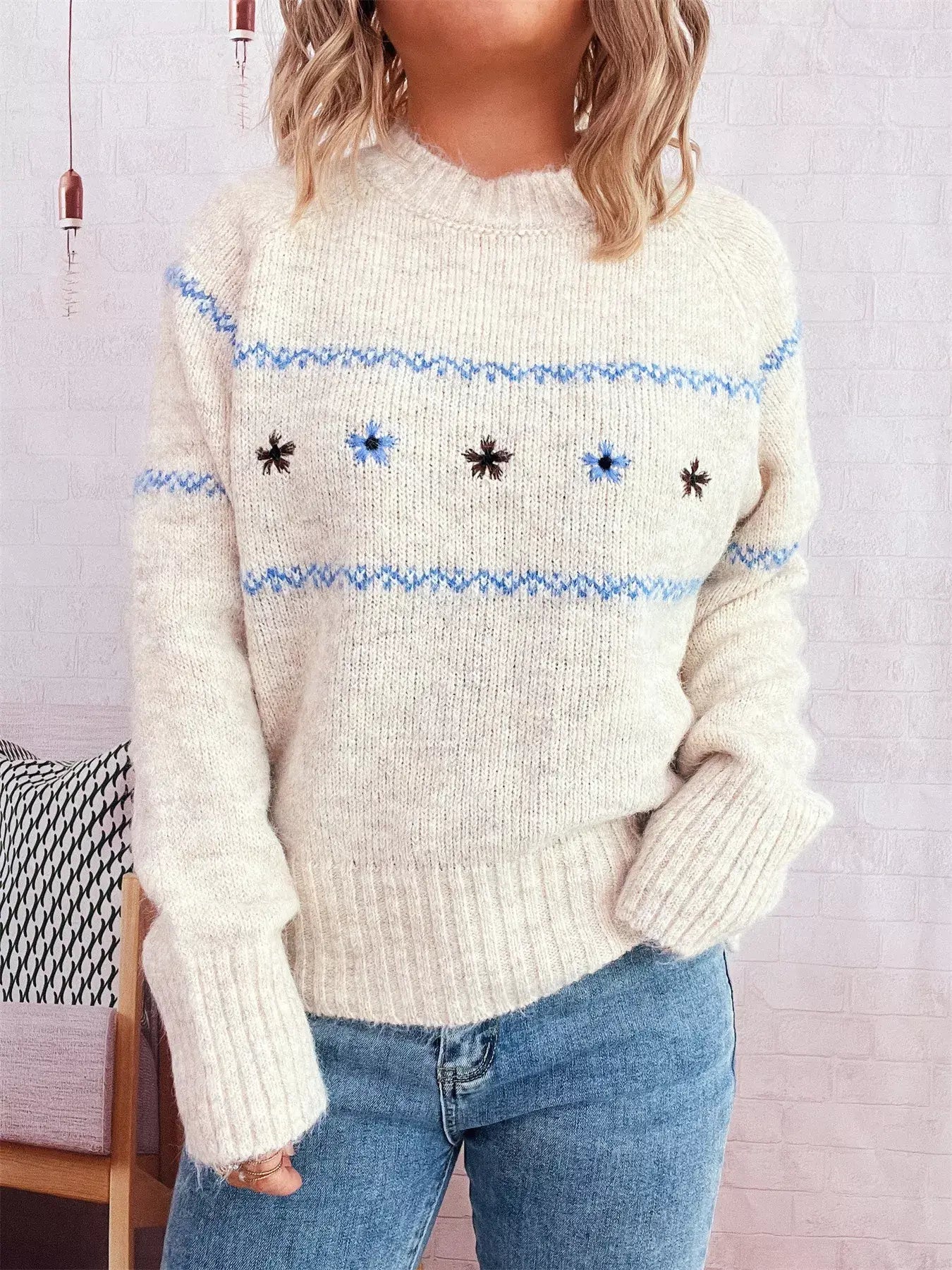 Ribbed Hem Flower Long Sleeve Sweater - Trendsi - Flyclothing LLC