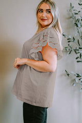 Plus Size Eyelet Round Neck Short Sleeve Blouse - Trendsi - Flyclothing LLC