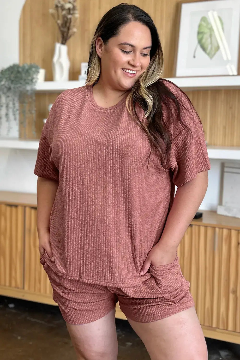 Double Take Full Size Round Neck Short Sleeve T-Shirt and Shorts Set - Trendsi - Flyclothing LLC