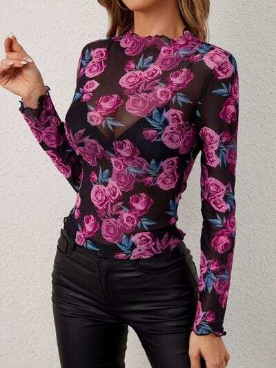 Floral Mock Neck Long Sleeve Top - Trendsi - Flyclothing LLC