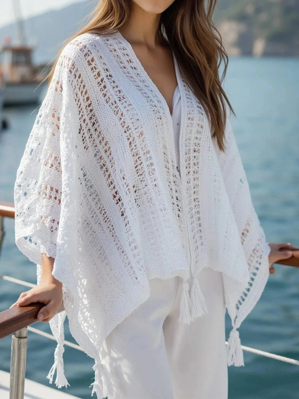 Openwork Tassel Open Front Knit Cover Up - Trendsi