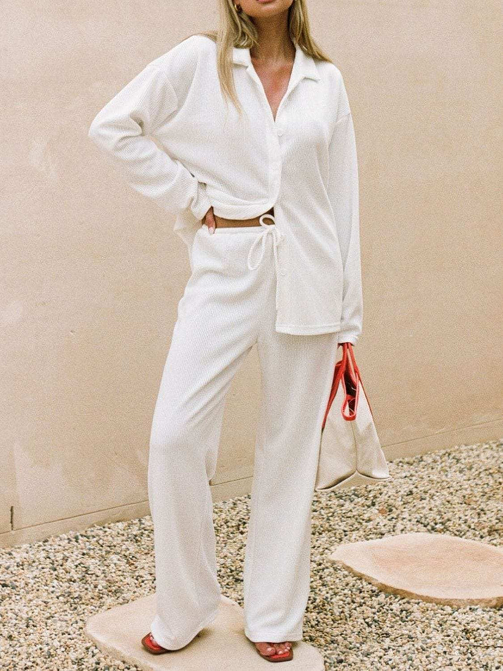 Collared Neck Long Sleeve Top and Drawstring Pants Set - Trendsi - Flyclothing LLC