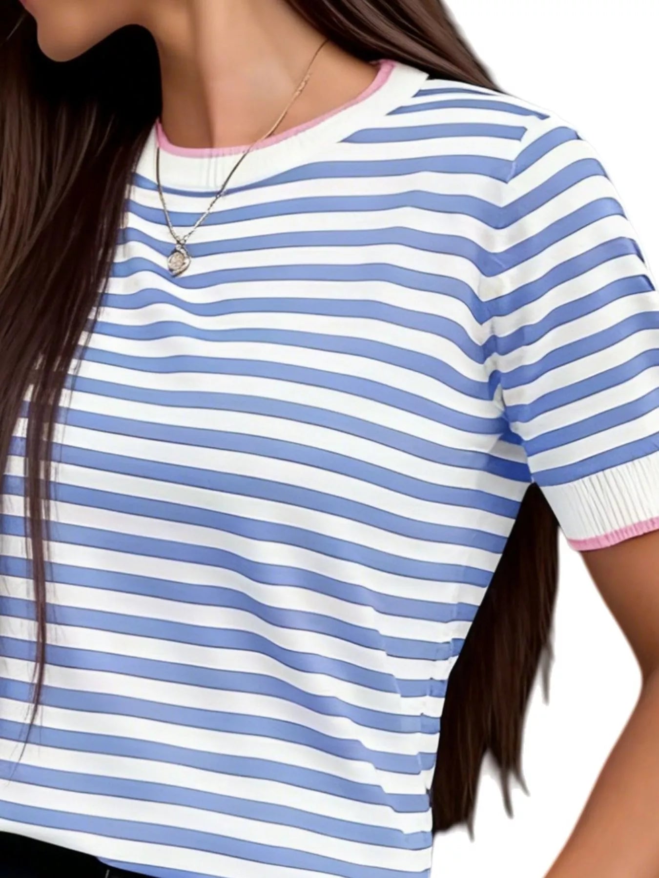 Contrast Trim Striped Short Sleeve Knit Top - Trendsi - Flyclothing LLC