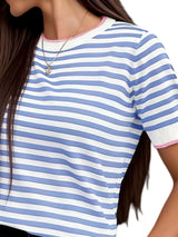 Contrast Trim Striped Short Sleeve Knit Top - Trendsi - Flyclothing LLC
