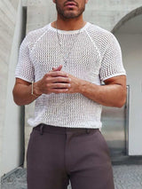 Men's Openwork Round Neck Short Sleeve T-Shirt - Trendsi - Flyclothing LLC