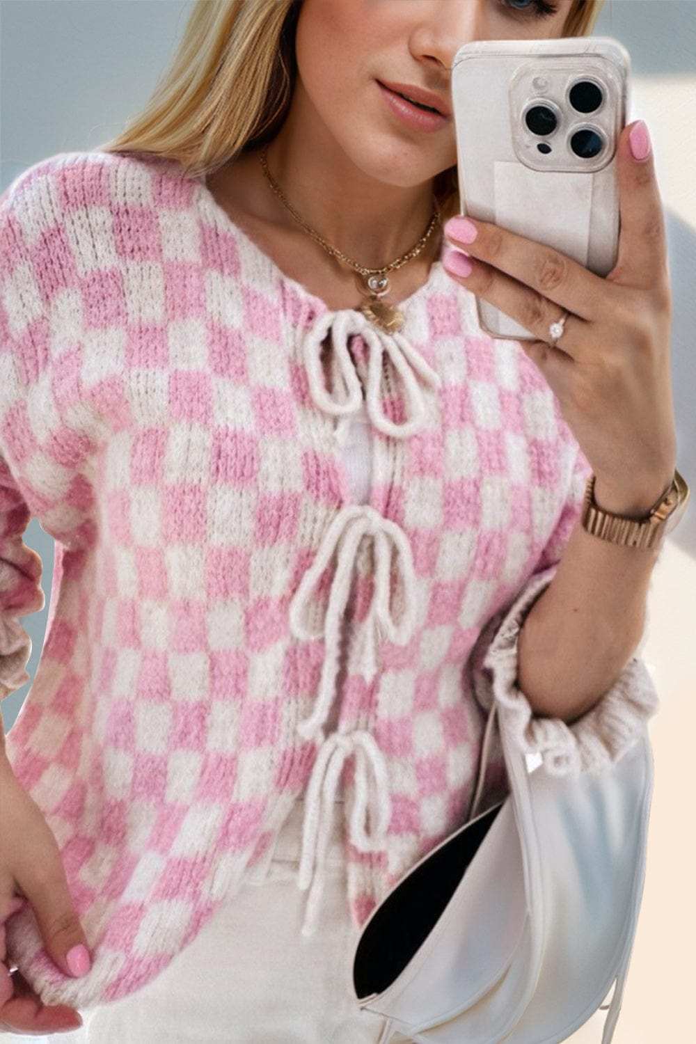 Double Take Tied Checkered Dropped Shoulder Flounce Sleeve Cardigan - Trendsi - Flyclothing LLC