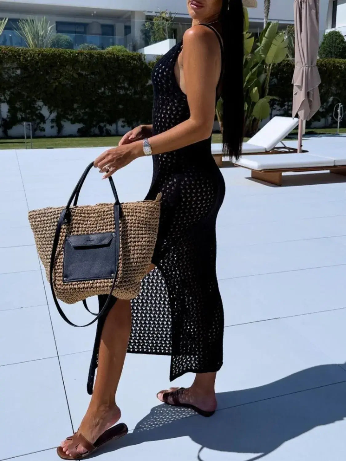 Openwork Slit Scoop Neck Sweater Dress - Trendsi - Flyclothing LLC