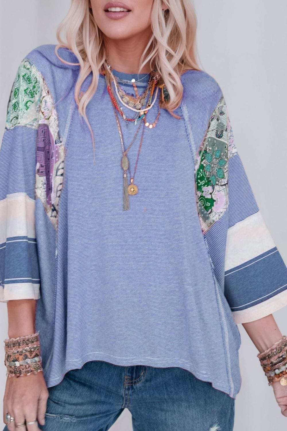 Striped Floral Patchwork Round Neck Top - Trendsi - Flyclothing LLC