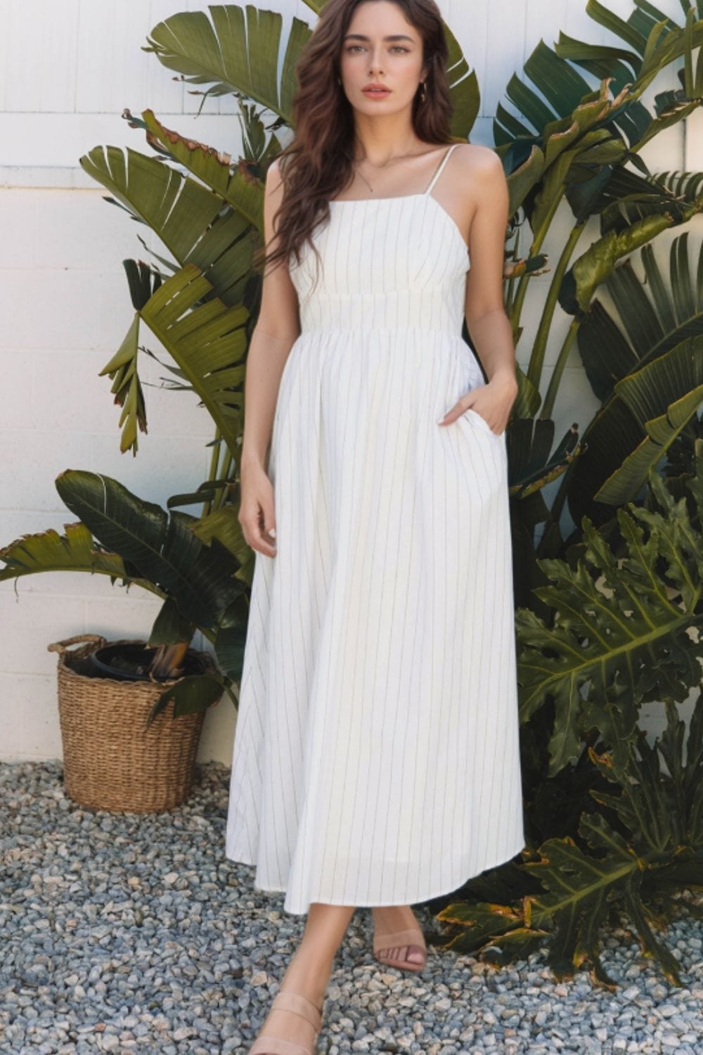 Stripe Square Neck Cami Dress with Pockets - Trendsi