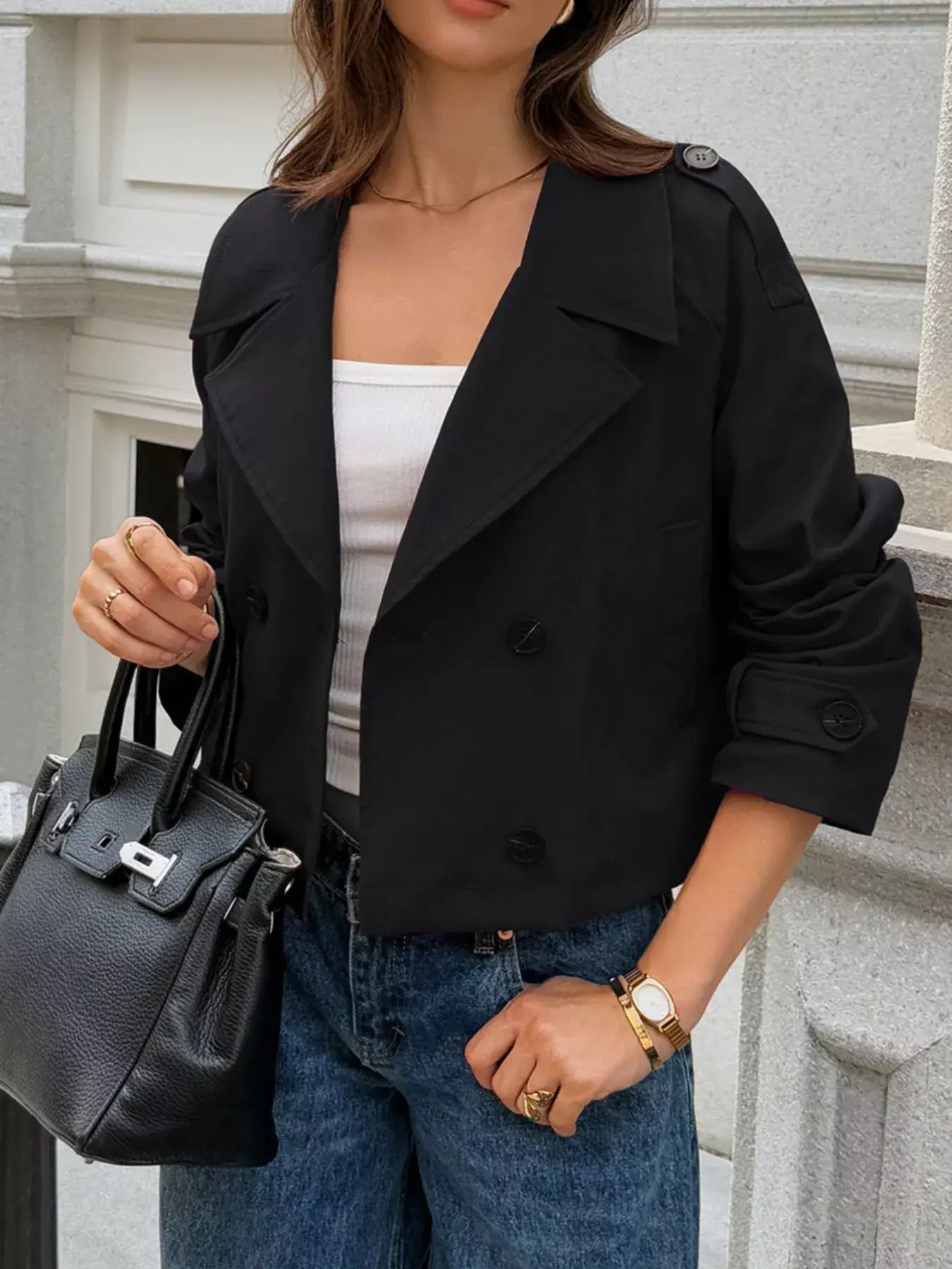 Cropped Double-Breasted Raglan Sleeve Jacket - Trendsi - Flyclothing LLC