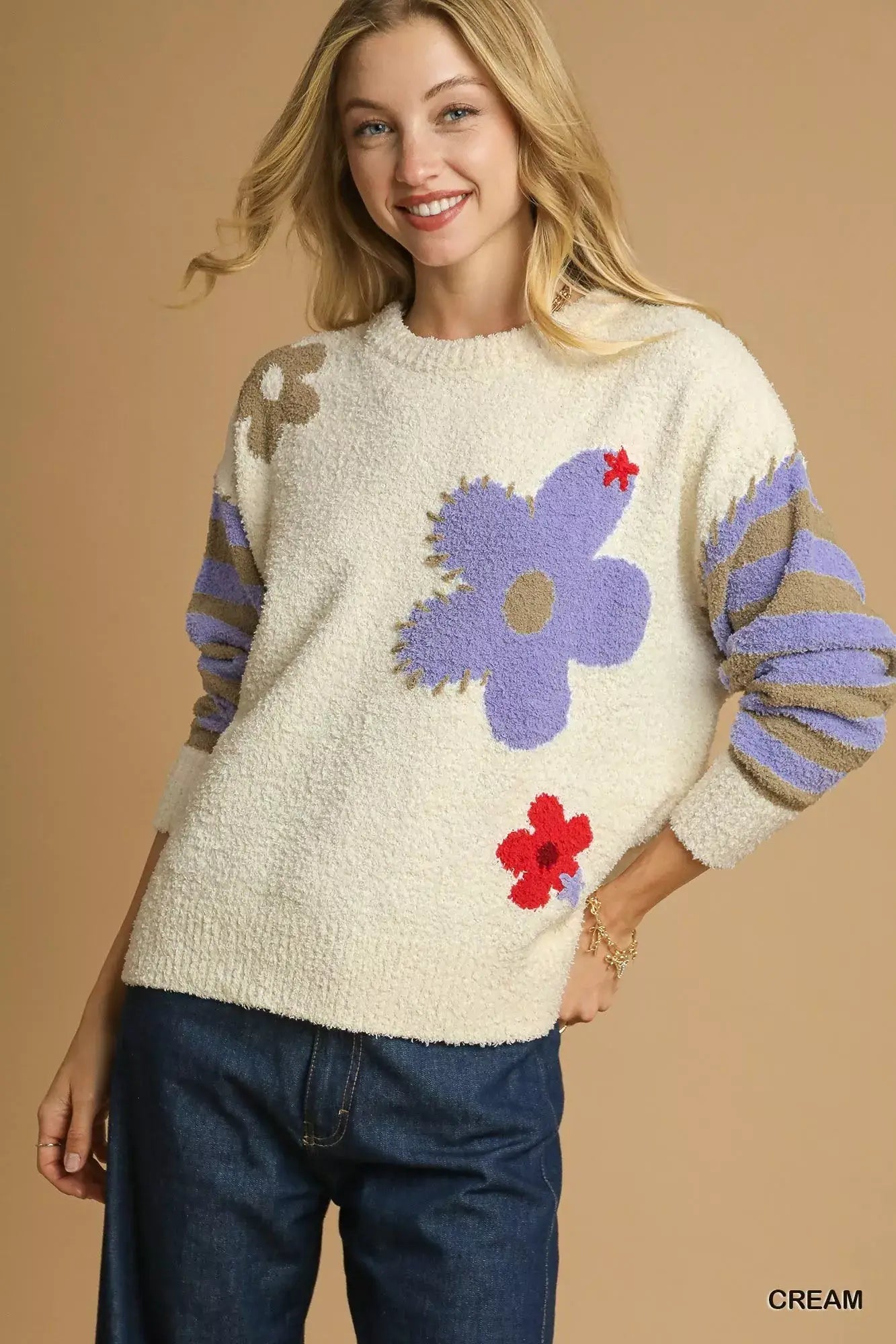 Umgee Flower Jacquard Striped Long Sleeve Sweater - Trendsi - Flyclothing LLC