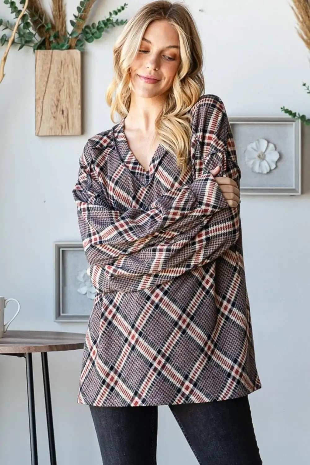 Heimish Plaid Exposed Seam V-Neck T-Shirt - Trendsi - Flyclothing LLC