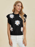 Double Take Full Size Ruffled Flower Round Neck Cap Sleeve Sweater - Trendsi - Flyclothing LLC