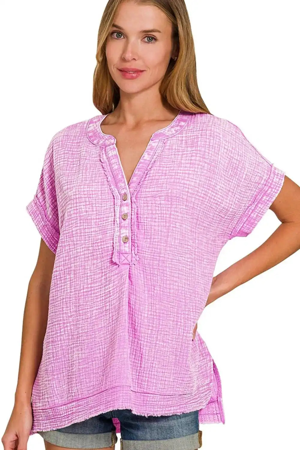 Zenana Washed Double Gauze 3/4 Button Henley Neck Shirt - Trendsi