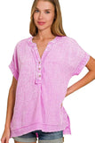 Zenana Washed Double Gauze 3/4 Button Henley Neck Shirt - Trendsi