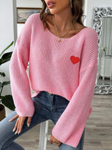 Heart Boat Neck Dropped Shoulder Sweater - Trendsi - Flyclothing LLC