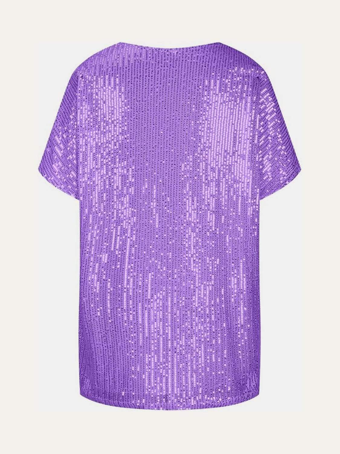 Full Size Sequin V-Neck Short Sleeve Top - Trendsi - Flyclothing LLC