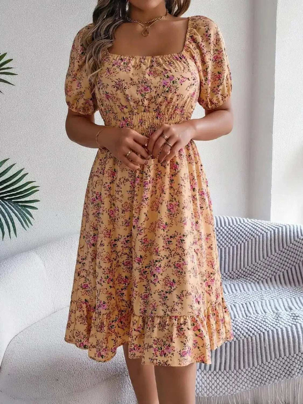 Ruffled Hem Floral Puff Sleeve Dress - Trendsi - Flyclothing LLC