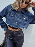 Distressed Raw Hem Collared Neck Long Sleeve Denim Top - Trendsi