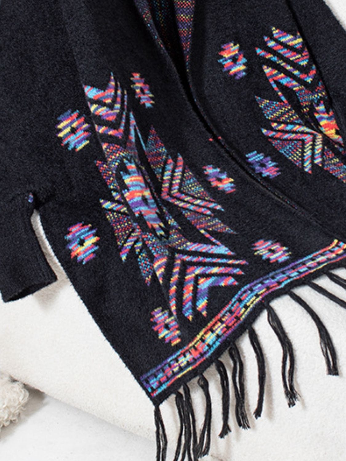 Fringe Geometric Open Front Long Sleeve Cape - Trendsi