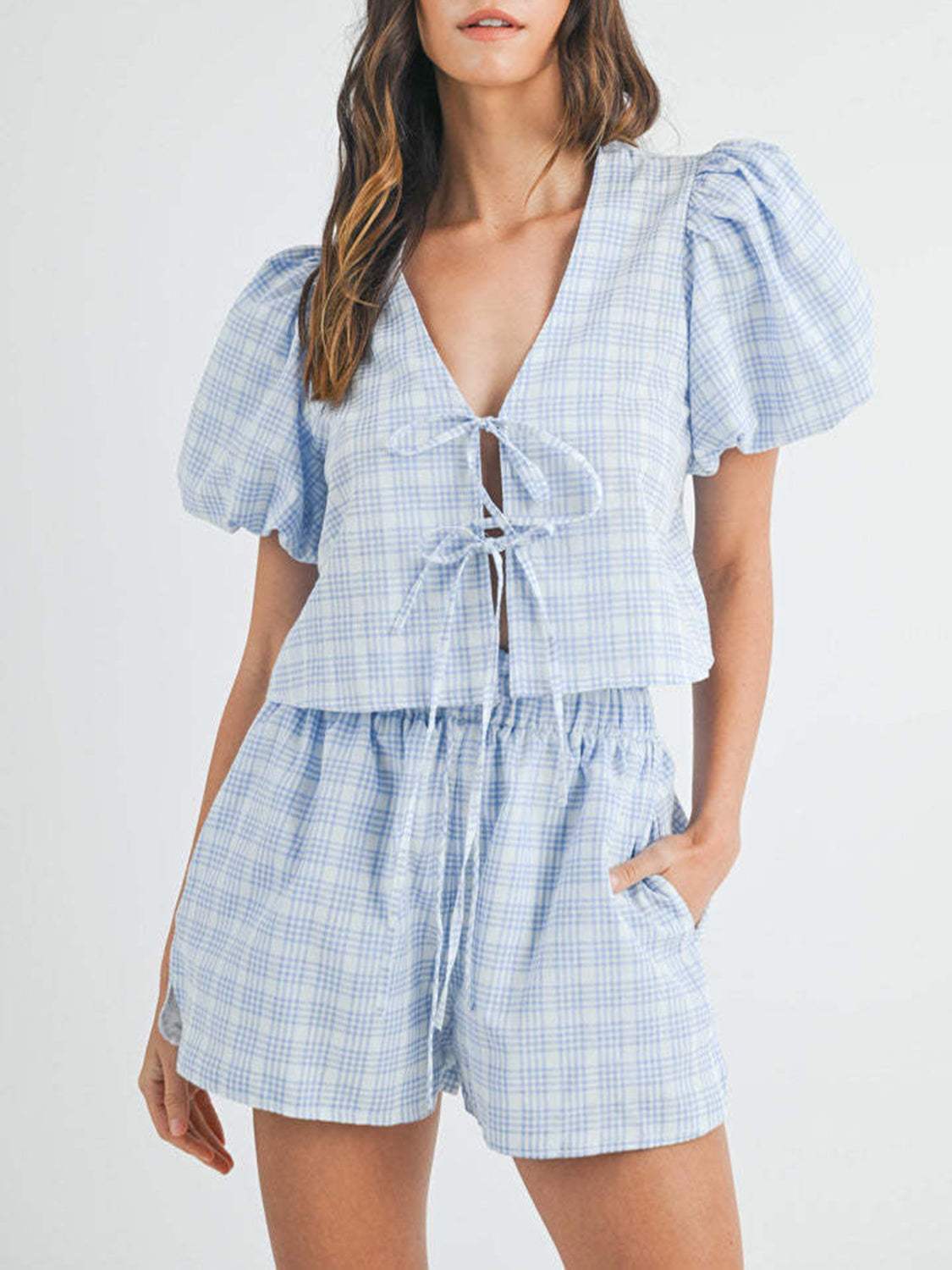 V-Neck Puff Sleeve Top and Shorts Set - Trendsi - Flyclothing LLC