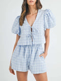 V-Neck Puff Sleeve Top and Shorts Set - Trendsi