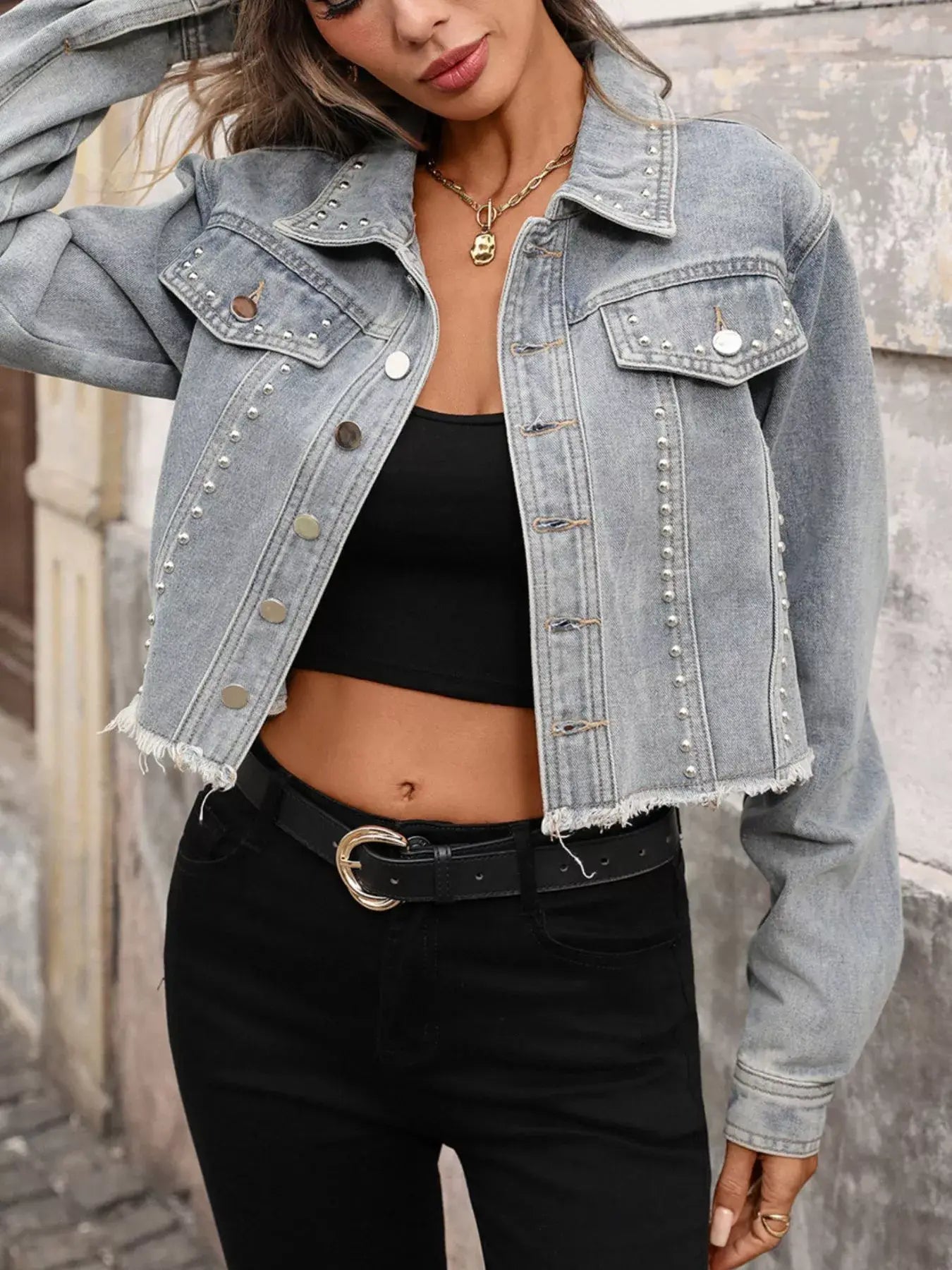 Studded Raw Hem Denim Jacket - Trendsi - Flyclothing LLC
