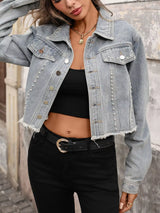 Studded Raw Hem Denim Jacket - Trendsi - Flyclothing LLC