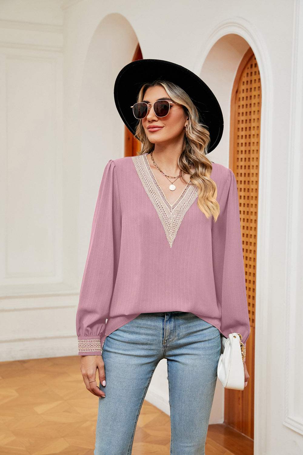 Contrast Puff Sleeve Blouse - Trendsi - Flyclothing LLC