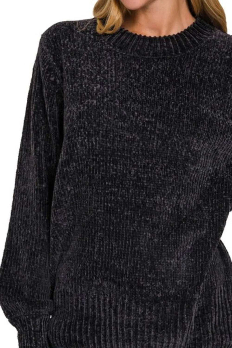 Zenana Round Neck Balloon Sleeve Chenille Sweater - Trendsi - Flyclothing LLC