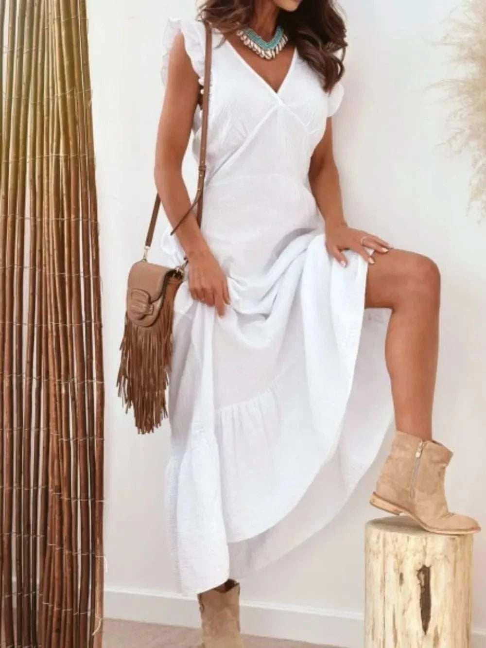 Ruffled V-Neck Cap Sleeve Maxi Dress - Trendsi - Flyclothing LLC