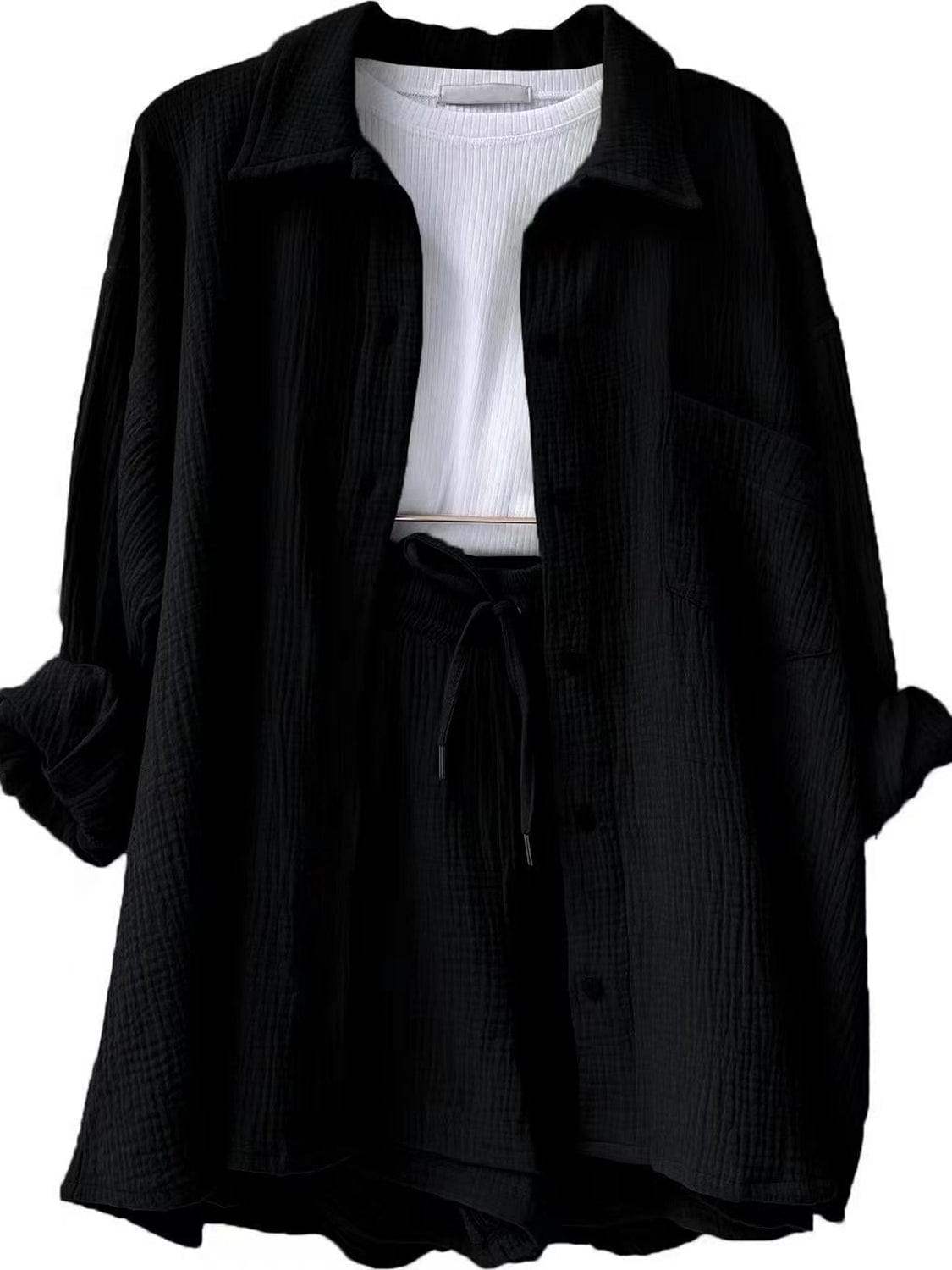 Texture Button Up Shirt and Drawstring Shorts Set - Trendsi - Flyclothing LLC