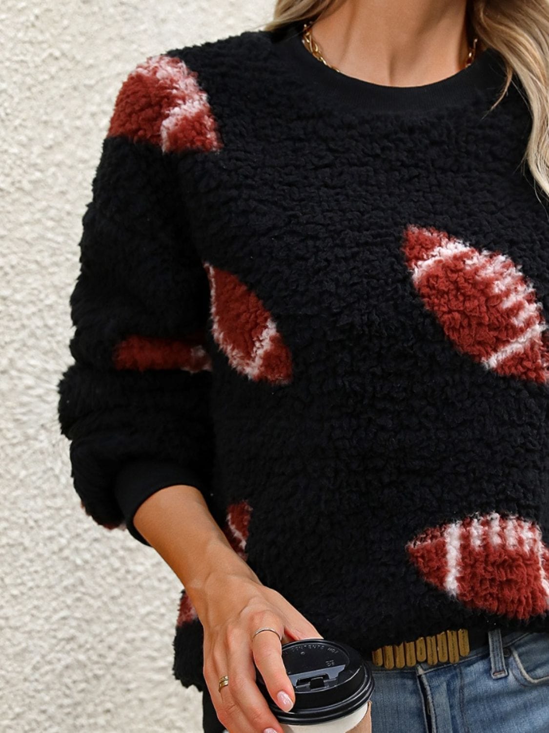 Fuzzy Football Round Neck Dropped Shoulder Sweater - Trendsi