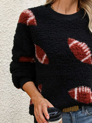Fuzzy Football Round Neck Dropped Shoulder Sweater - Trendsi