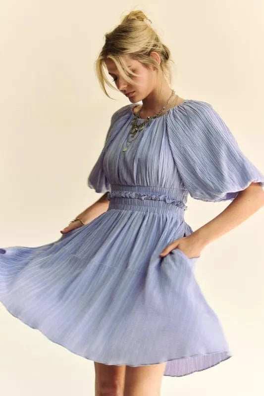 Davi & Dani Back Button Puff Sleeve Mini Dress - Trendsi - Flyclothing LLC