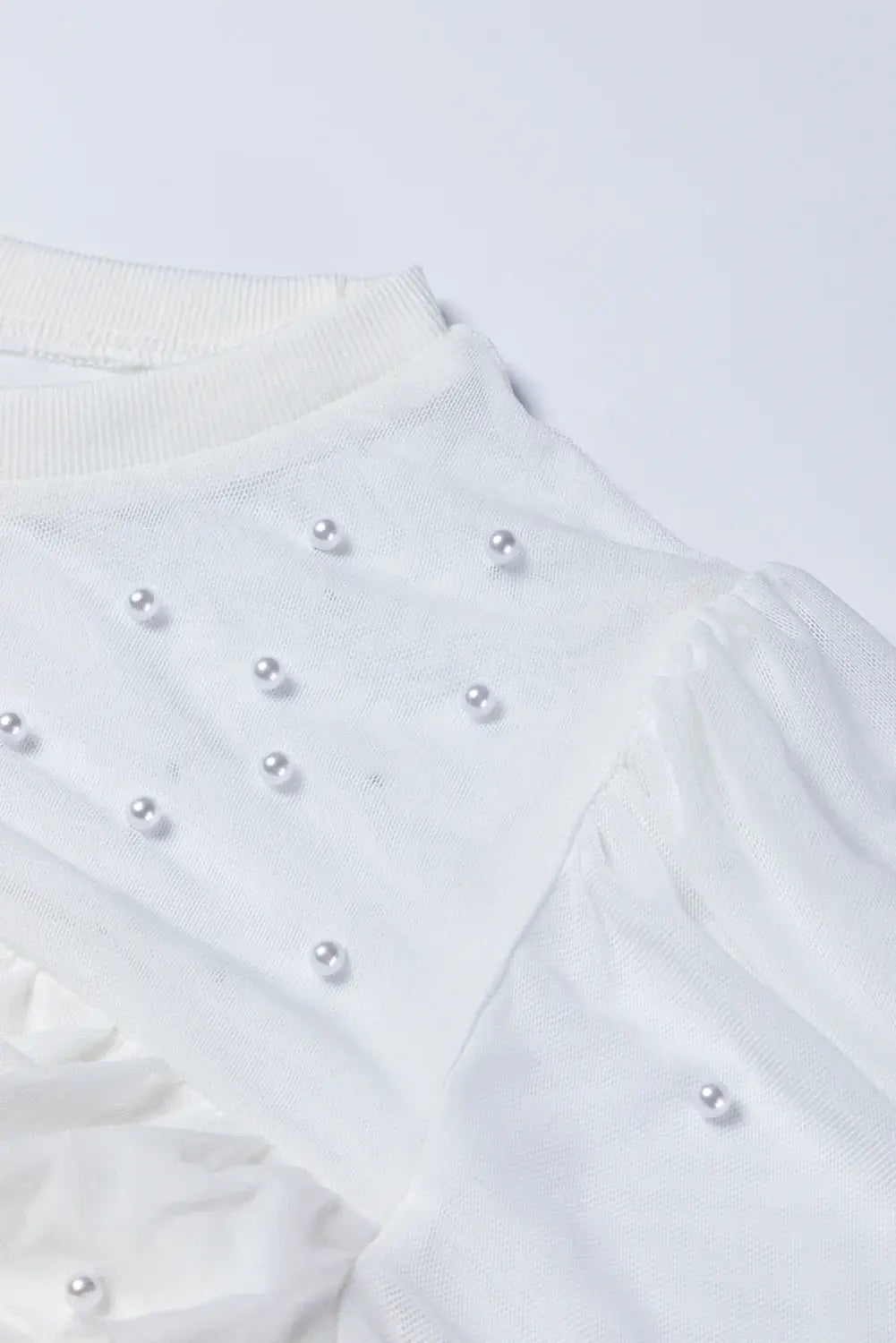 Pearl Decor Mesh Patchwork Ribbed Long Sleeve Top - Trendsi - Flyclothing LLC