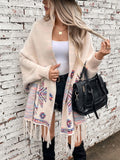 Fringe Geometric Open Front Long Sleeve Cape - Trendsi