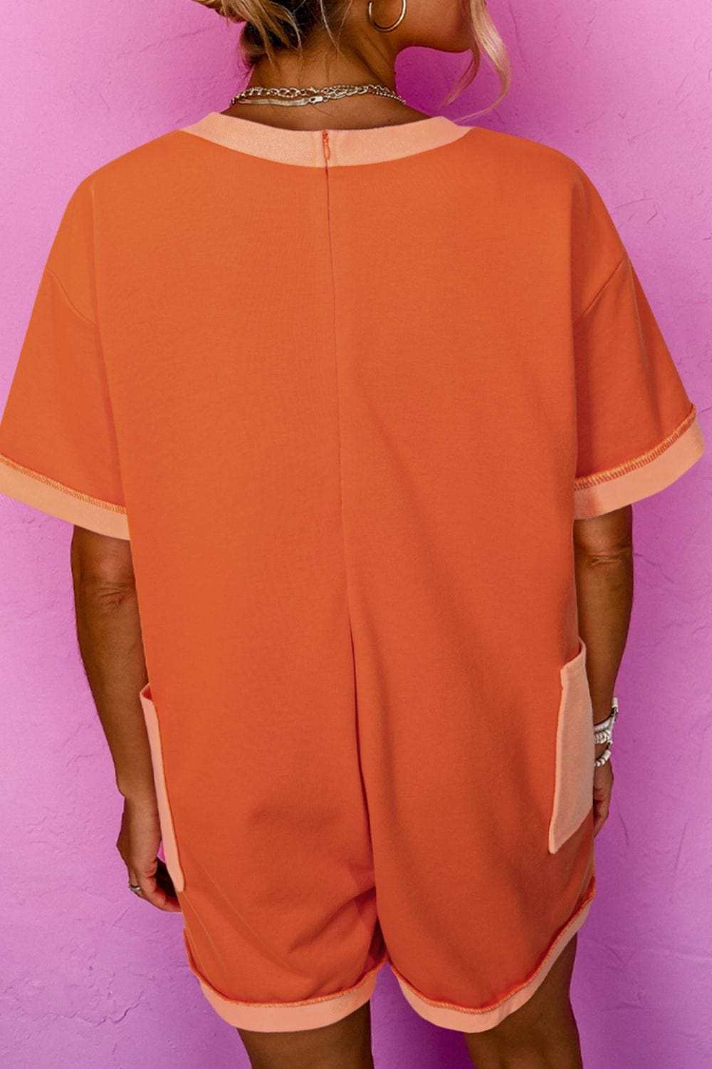 Two-Tone Short Sleeve V Neck Patched Pocket Romper - Trendsi - Flyclothing LLC