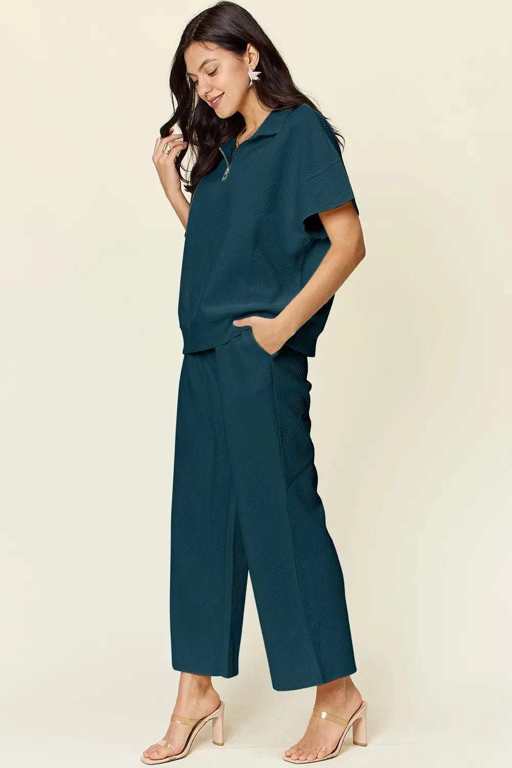 Double Take Full Size Texture Half Zip Short Sleeve Top and Pants Set - Trendsi - Flyclothing LLC