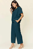 Double Take Full Size Texture Half Zip Short Sleeve Top and Pants Set - Trendsi - Flyclothing LLC