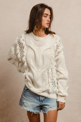BiBi Faux Fur Detailed Pointelle Cable Knit Sweater - Trendsi - Flyclothing LLC