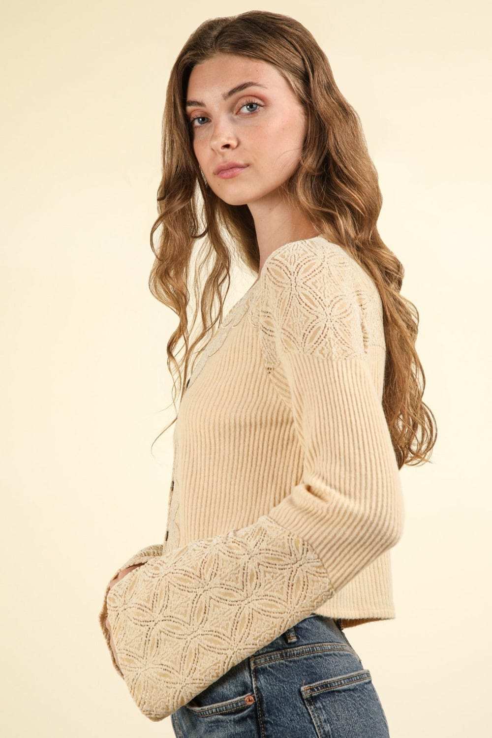 VERY J V-Neck Lace Detail Button Down Crop Ribbed Knit Top - Trendsi - Flyclothing LLC
