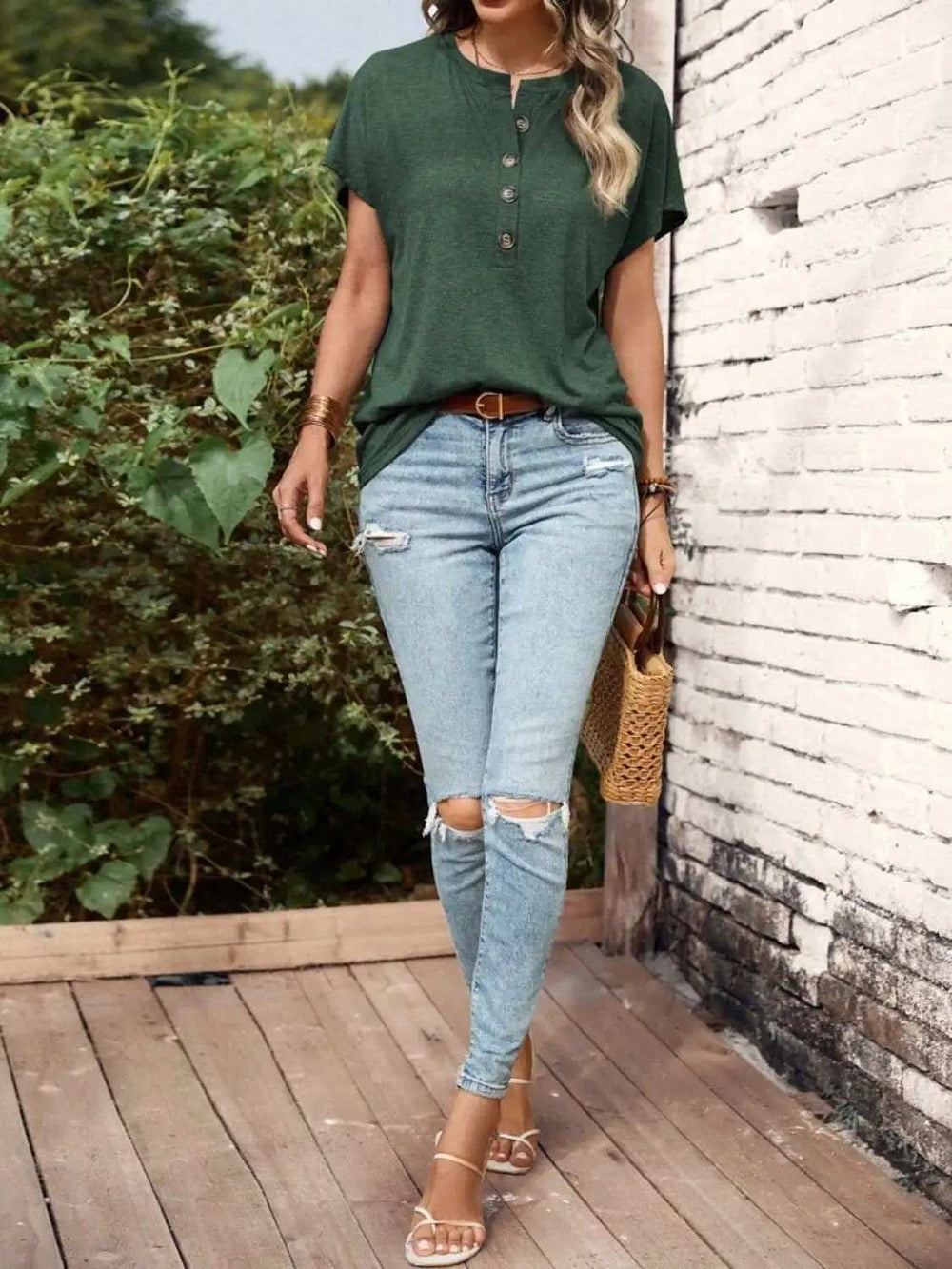 Half Button Short Sleeve Top - Trendsi - Flyclothing LLC