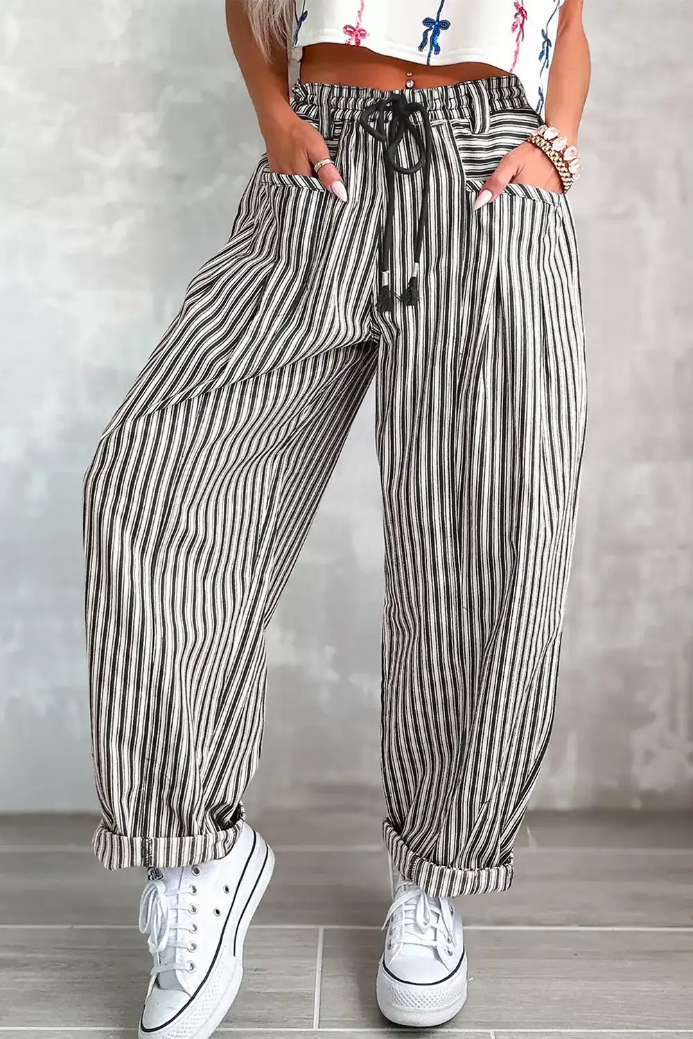 Stripe Drawstring Casual Loose Pants - Trendsi - Flyclothing LLC